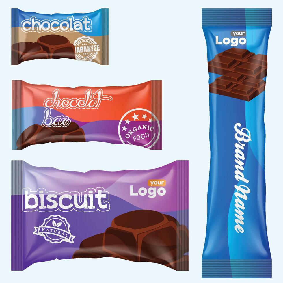 stromen pak en chocola bar. wit tussendoortje pakket sjabloon voor koekjes, biscuit, wafeltje. blanco chocola bar mockup door folie stromen pak Aan transparant rug. vector