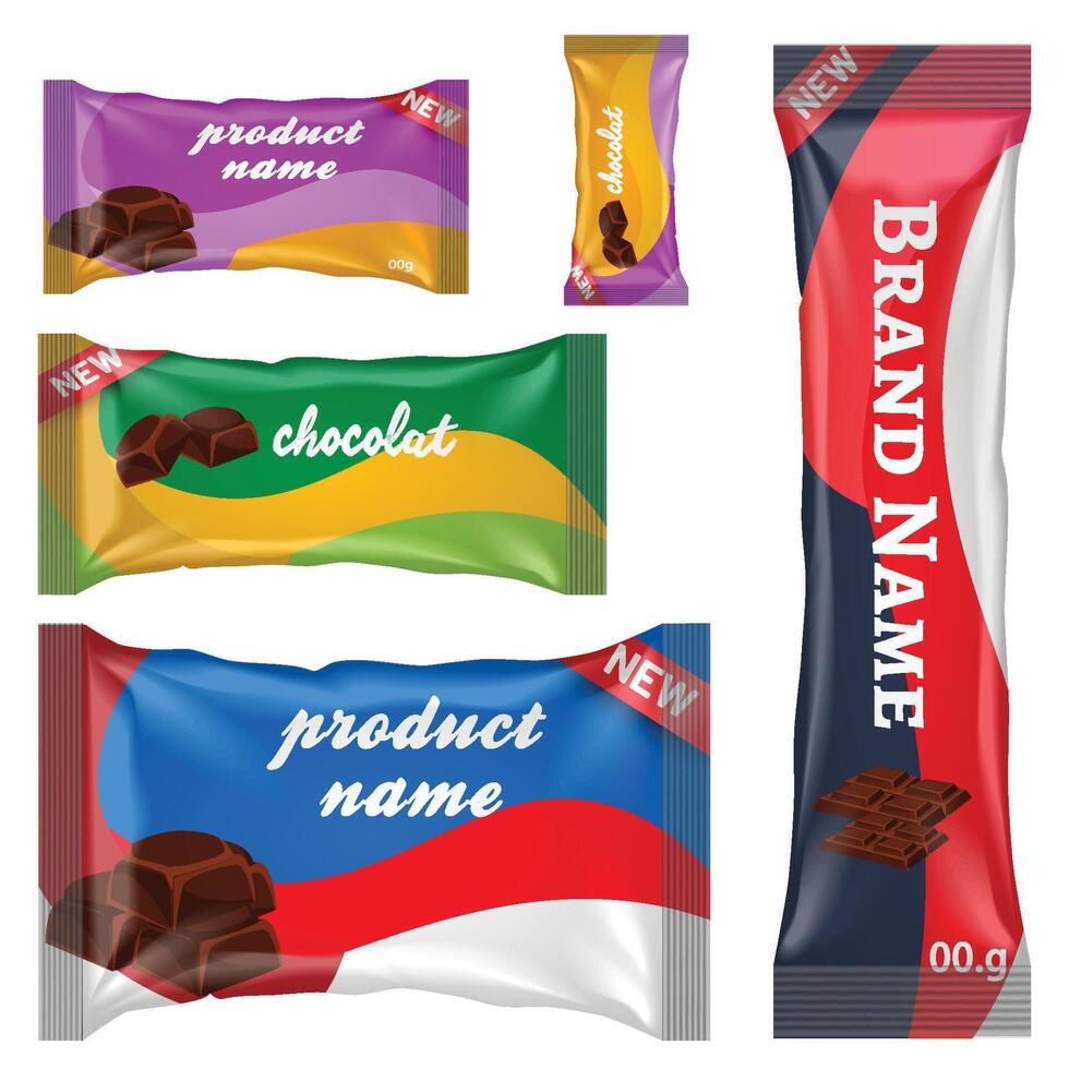 chocola bar van snoep bar reeks geïsoleerd Aan wit achtergrond. snoepgoed snacks bars pakketjes Sjablonen. toetje voedsel vector illustratie