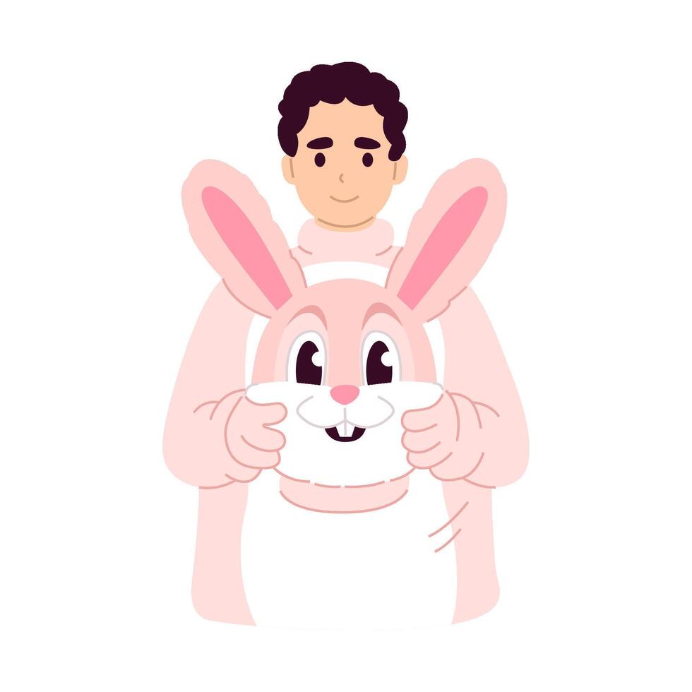 van je middel omhoog portret van een Mens in een schattig konijn kostuum, Holding de kostuums hoofd in zijn handen. vector