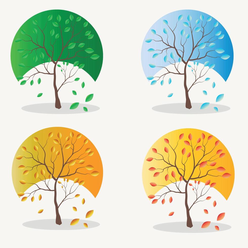 reeks voor concept ontwerp. mooi illustratie van een reeks van vier bomen met gebladerte. ecologie concept. tekenfilm poster met groen bomen voorjaar zomer herfst winter. vector