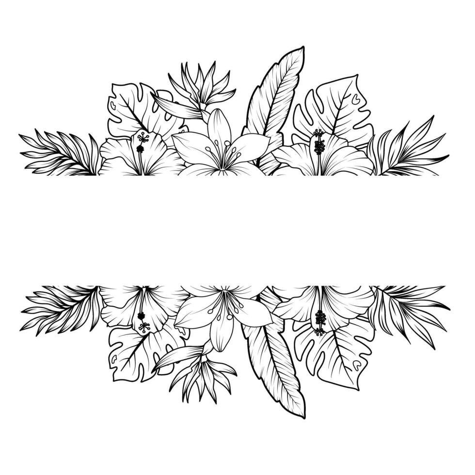 tropisch krans met hand- getrokken schets bladeren en tropisch bloemen, tuin bloemen en insecten in schetsen stijl. vector