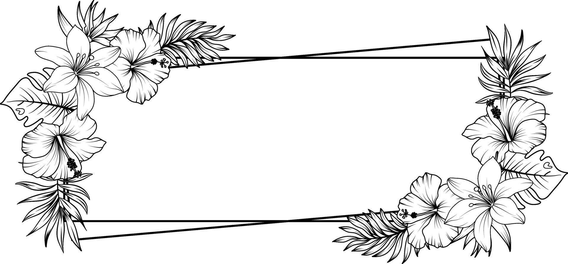 tropisch bloemen en bladeren kader. schetsen van tropisch bloemen en bladeren vector