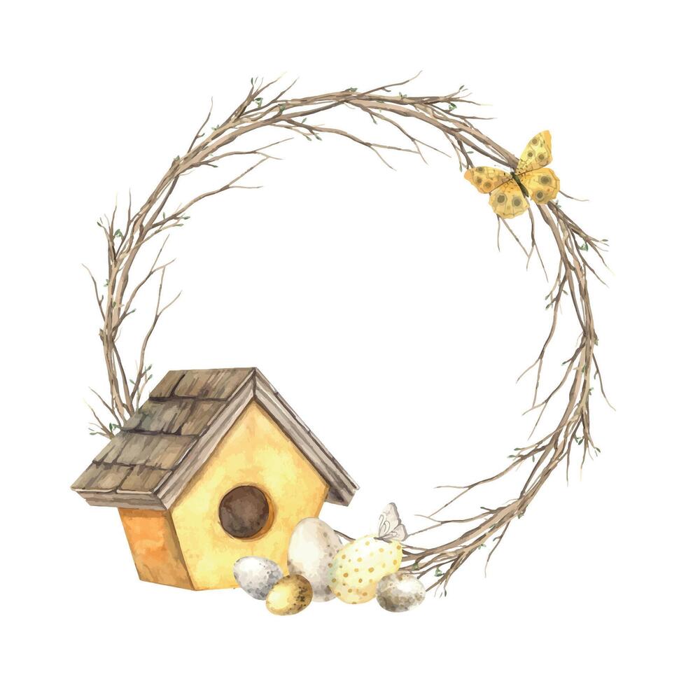 waterverf Pasen krans gemaakt van boom takken, met een geel houten vogelhuisje, eieren en vlinders. hand- getrokken illustraties Aan geïsoleerd achtergrond voor groet kaarten, uitnodigingen, afdrukken, etiket vector