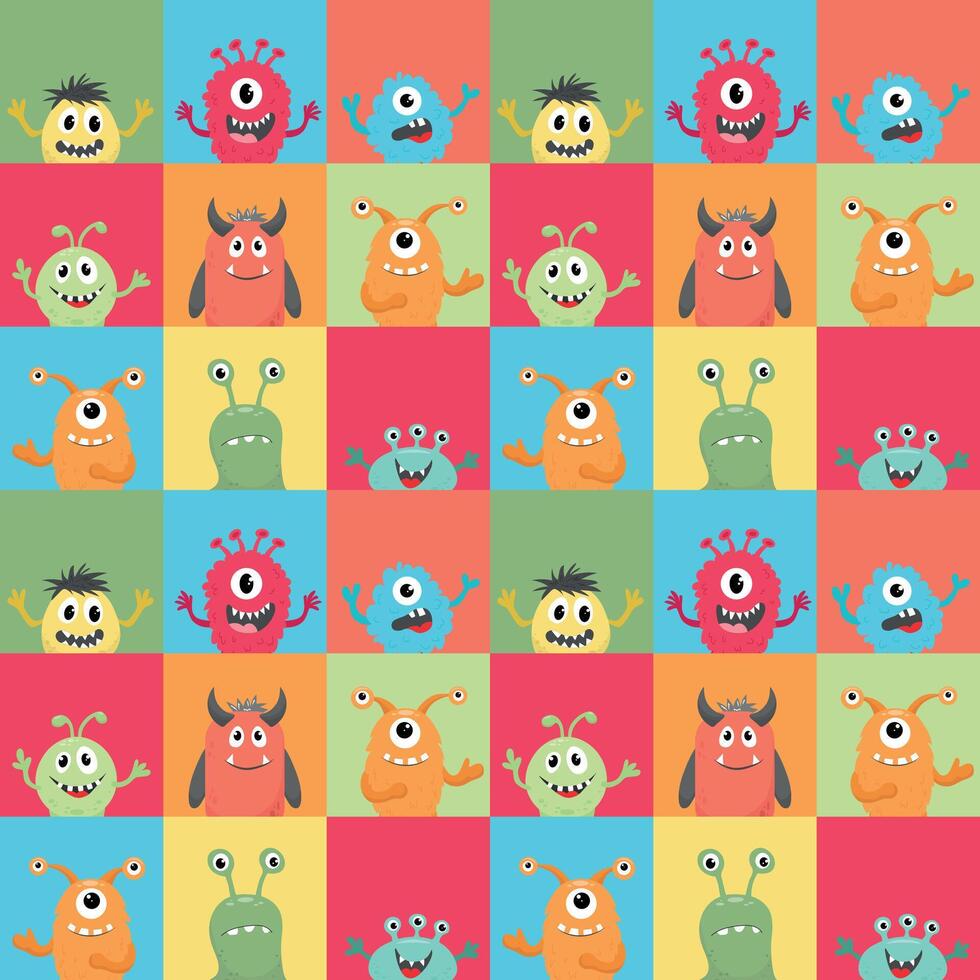 helder kleurrijk naadloos patroon met schattig monsters. patroon voor kinderen kleren, covers voor notitieboekjes, kinderen achtergronden. vector illustratie