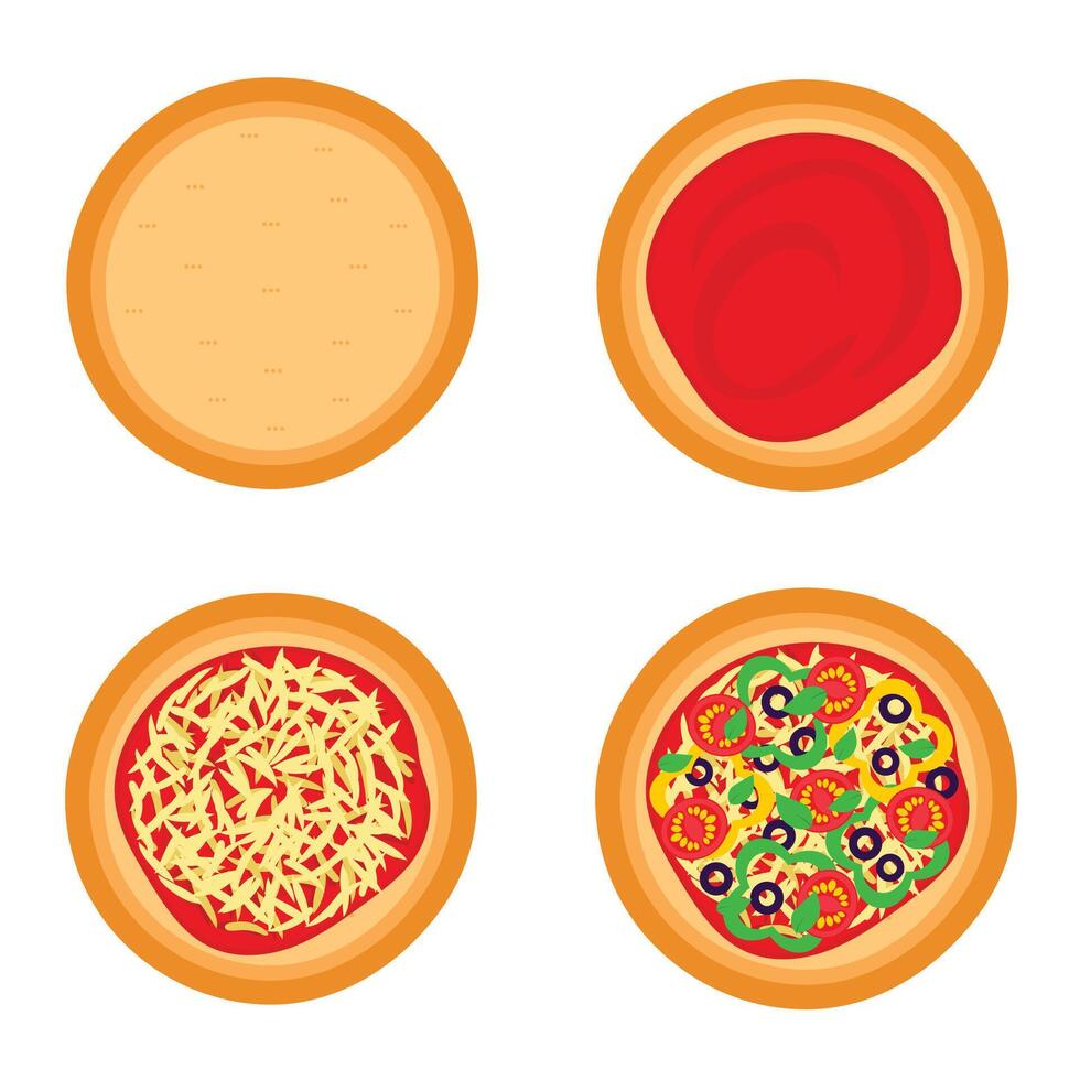 stadia van voorbereidingen treffen vegetarisch pizza. vector grafiek.