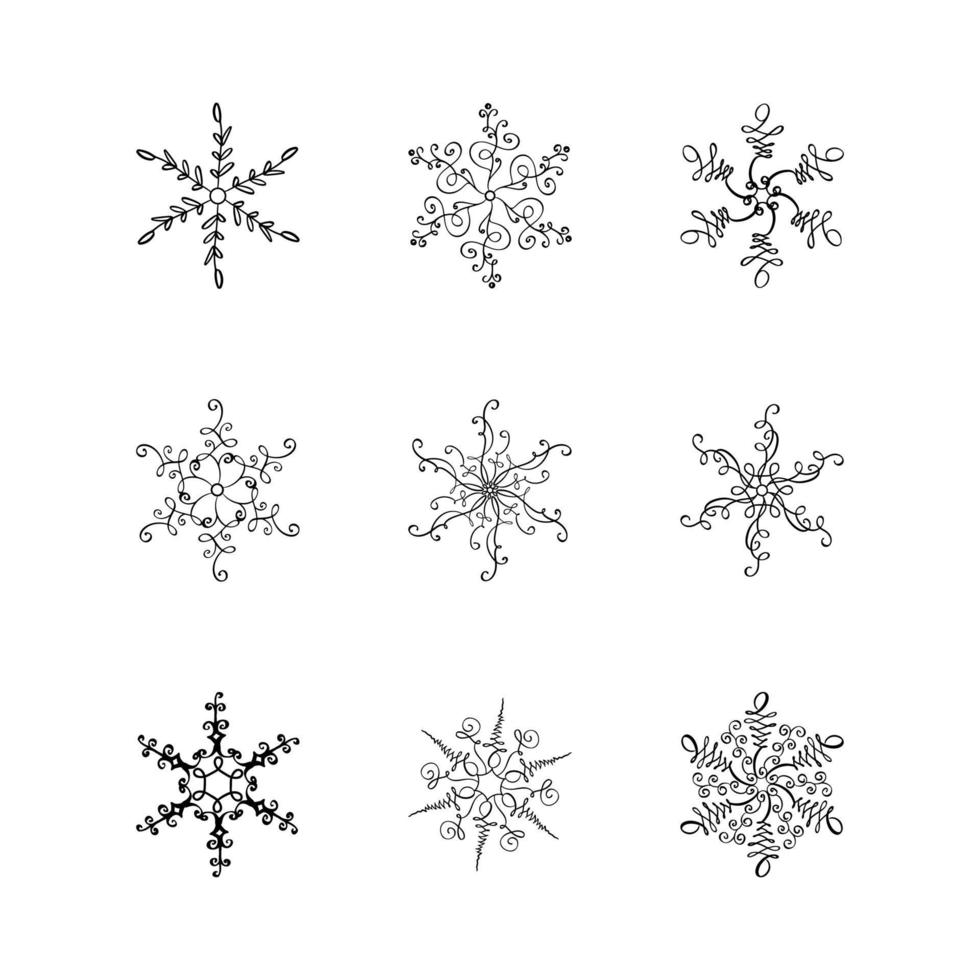 bundel van kerst vector kalligrafische sneeuwvlokken. hand getekende set pictogram in trendy vlakke stijl geïsoleerd op een witte achtergrond. xmas sneeuw winter illustratie