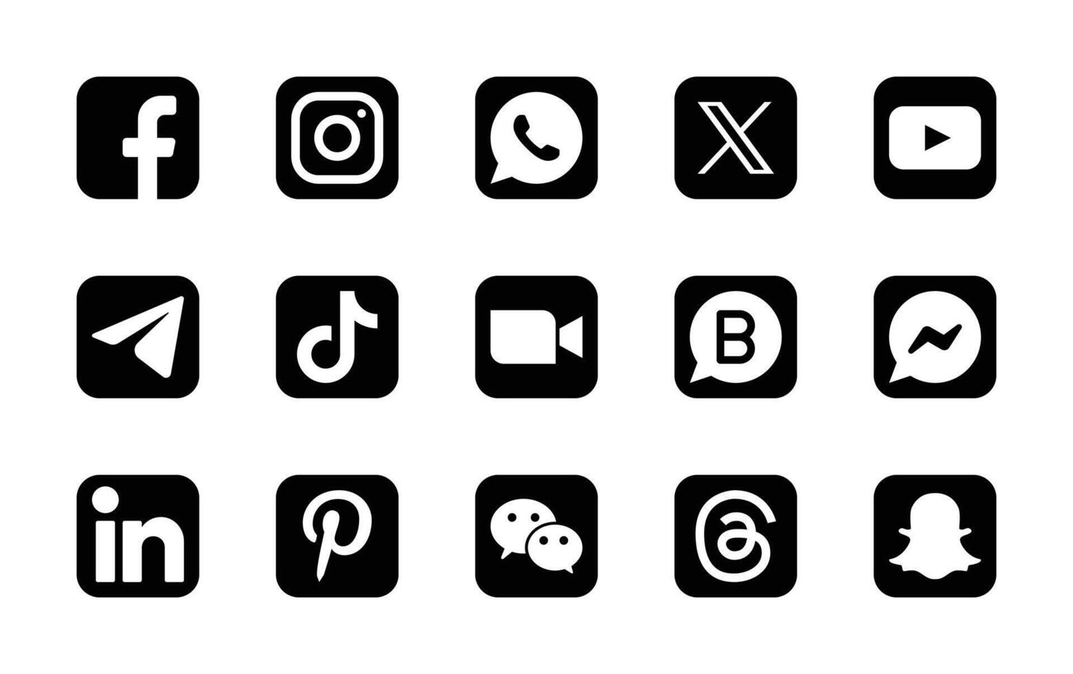 sociaal media logo icoon reeks - facebook, boodschapper, whatsappen, instagram, twitteren, youtube, gekoppeld, zoom, wechatten, draden, pinterest, snapchat, tiktok, telegram symbolen vector