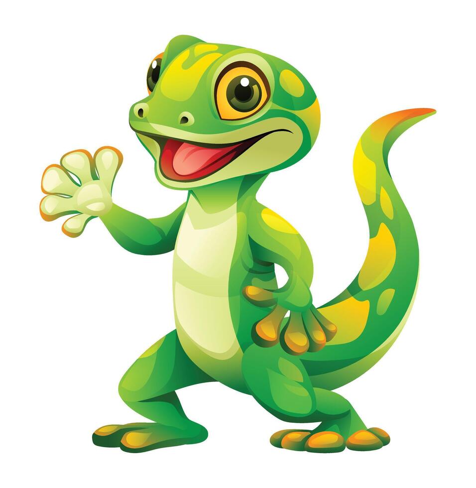 schattig groen gekko golvend hand- tekenfilm illustratie. hagedis vector geïsoleerd Aan wit achtergrond