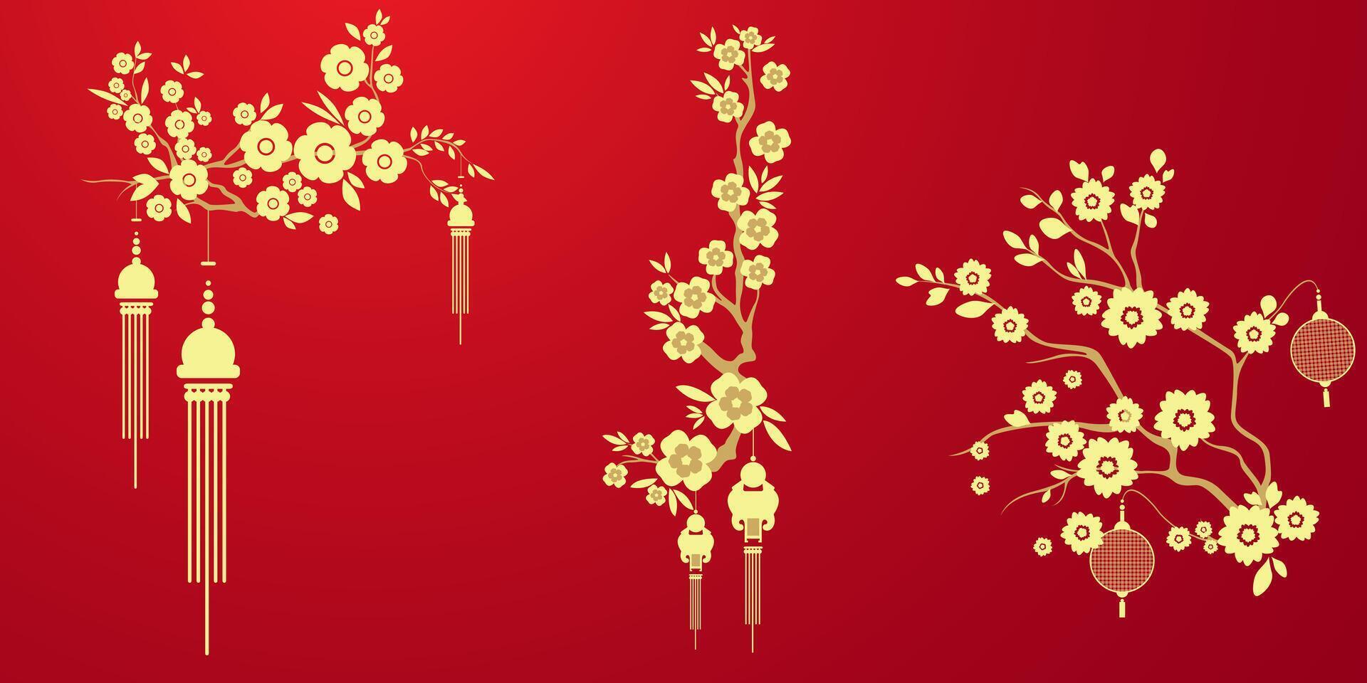 Aziatisch elementen Chinese festival decoratie, goud bloem patroon en ornamenten vector illustratie