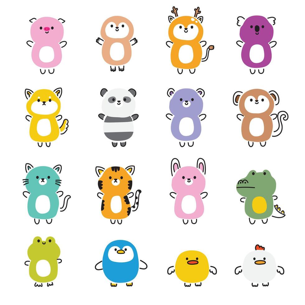 reeks van schattig dieren lijn hand- getrokken stijl.minimaal stijl.dier karakter tekenfilm ontwerp collectie.wild,knaagdier,huisdier,reptiel,vogel.kawaii.vector.illustratie. vector