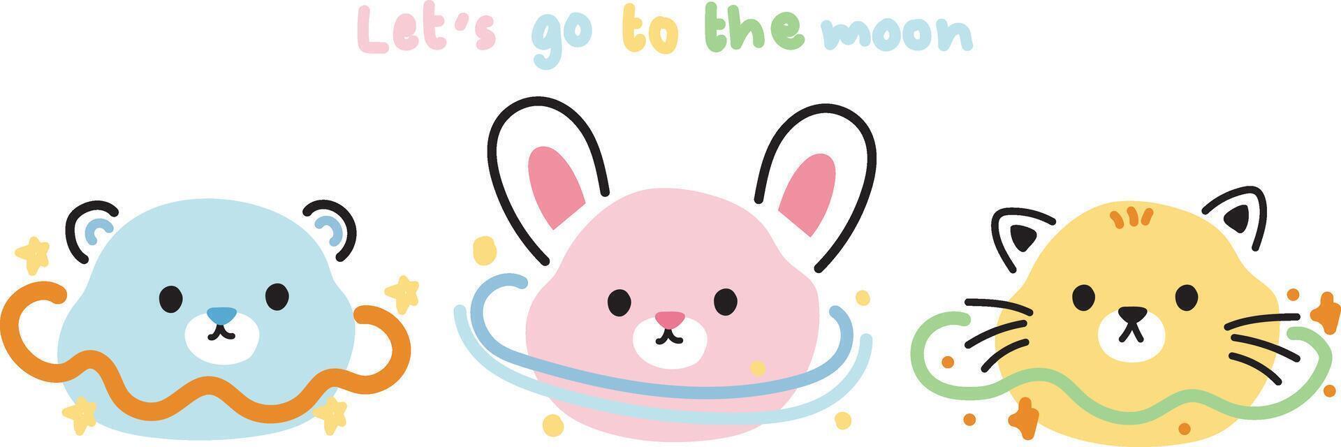 reeks van schattig dieren lijn hand- getrokken stijl.pastel.dier karakter tekenfilm ontwerp collectie.planet.galaxy.teddy beer,konijn,kat.kawaii.vector.illustratie. vector