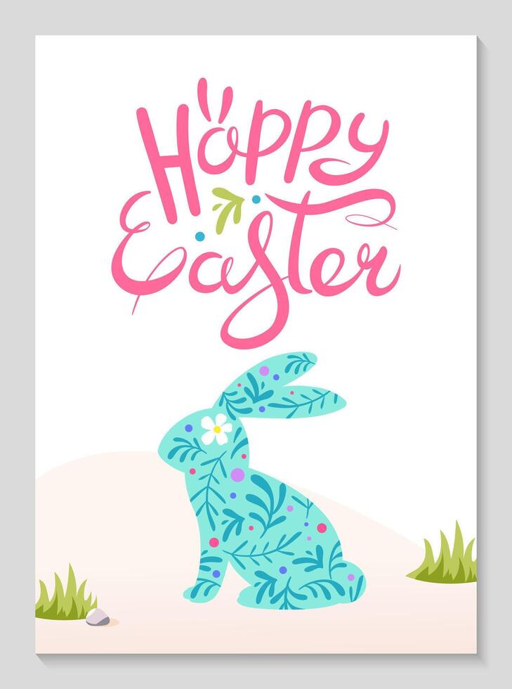 gemakkelijk Pasen poster met konijn in bloemen patroon. hand- getrokken gelukkig Pasen belettering. gemakkelijk verticaal groet kaart. feestelijk achtergrond voor uitnodigingen. volk stijl. vector vlak illustratie.
