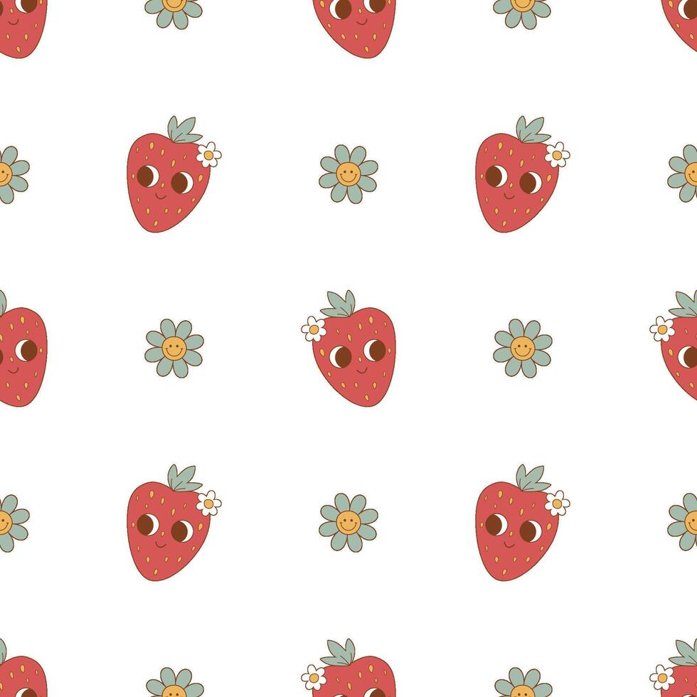 rood groovy retro aardbei naadloos patroon. vector grappig aardbeien karakter met glimlachen gezicht, ogen, madeliefje bloem herhaling achtergrond. modieus hippie tekenfilm jaren 70 stijl. schattig fruit afdrukken, behang.