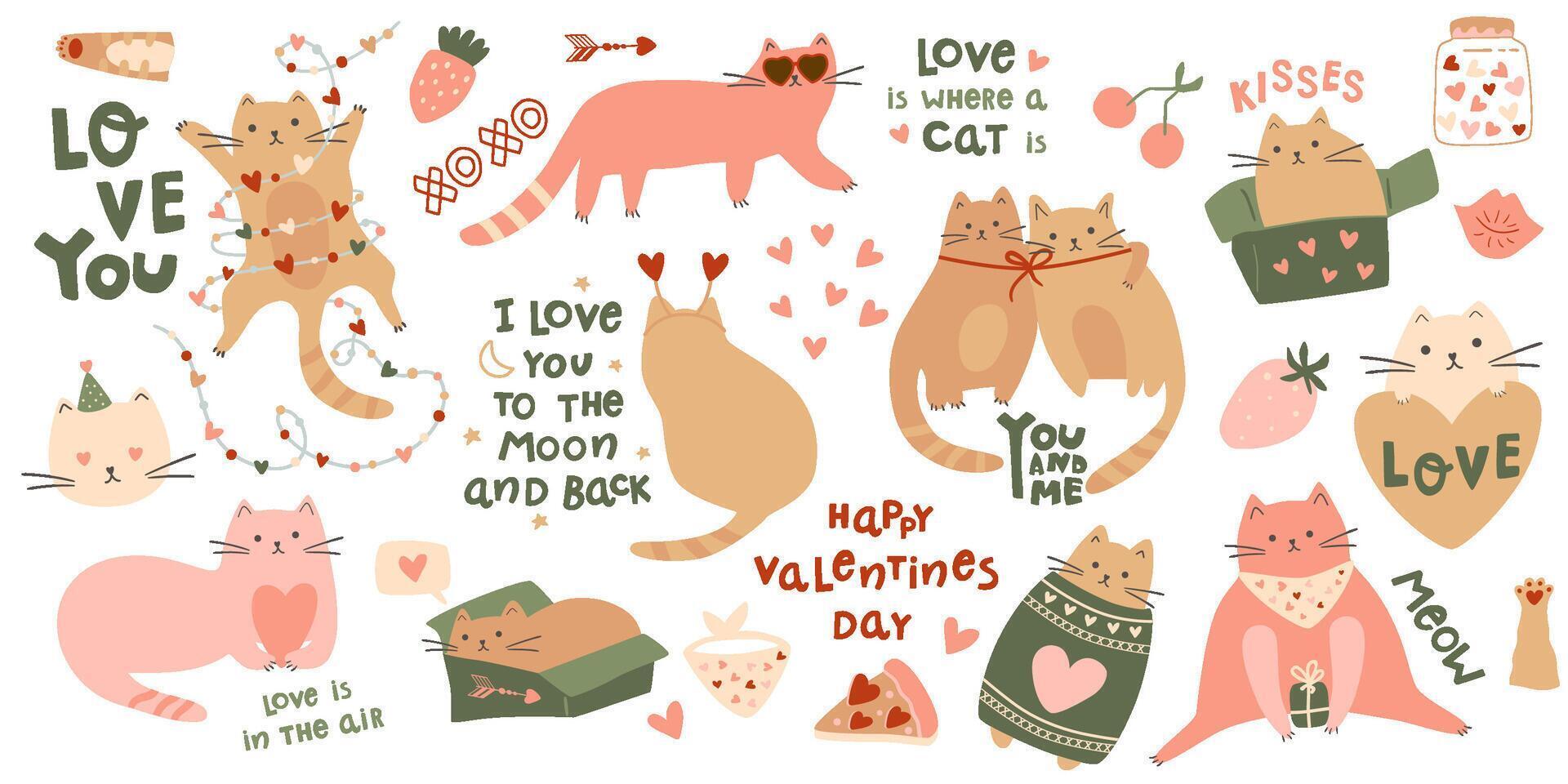 valentijnsdag dag kat set. grappig katten slijtage trui, harten, pot in de doos. romantisch roze en beige geïsoleerd elementen. vector vakantie verzameling van inscripties en belettering voor 14 februari, schattig huisdieren