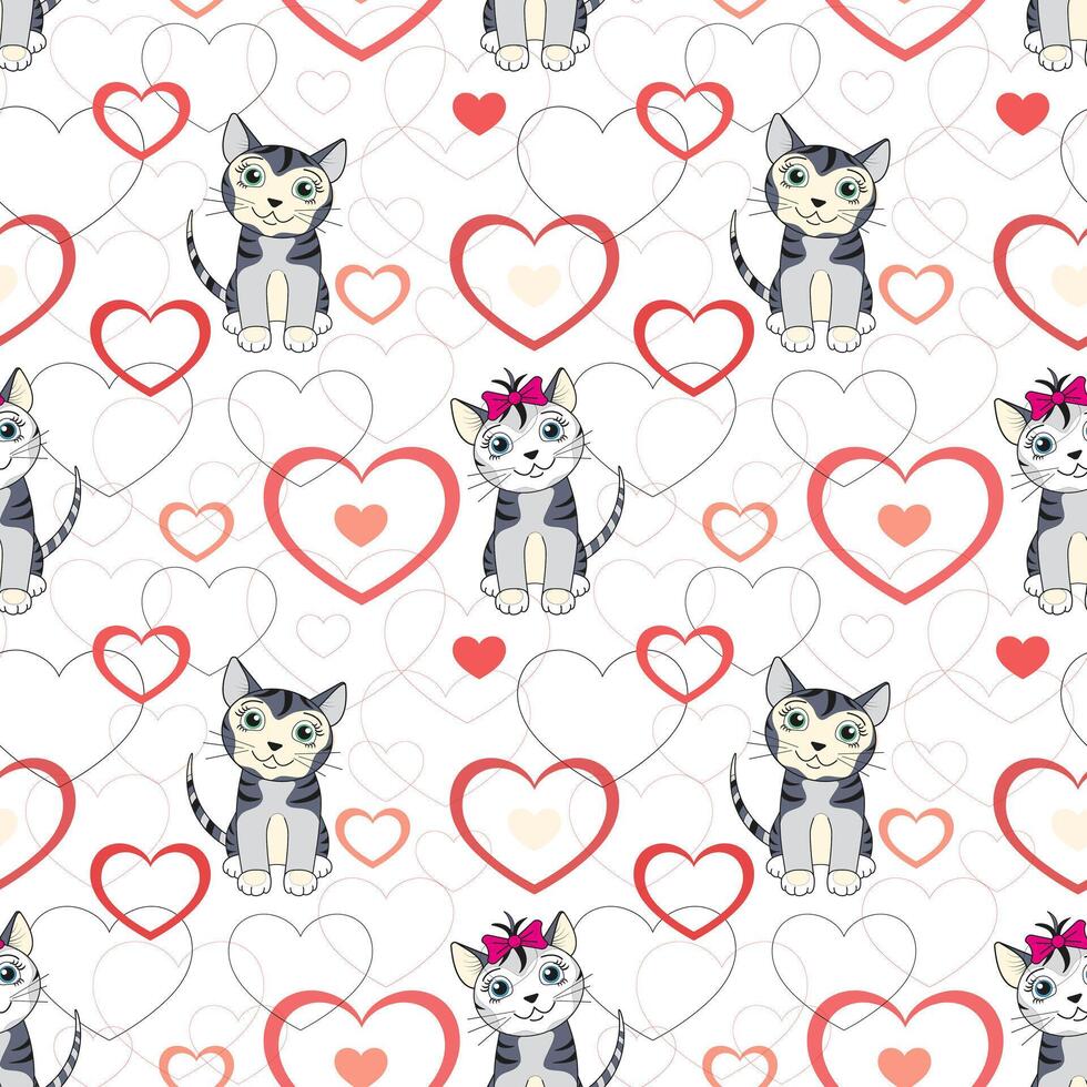 paar in liefde. schattig katten met rood harten naadloos structuur patroon. vector