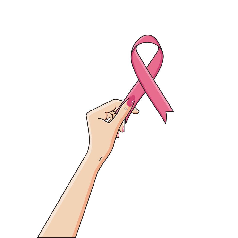 vrouw hand- Holding roze satijn lint borst kanker bewustzijn concept oncologie vector illustratie
