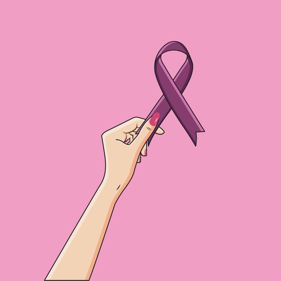 vrouw hand- Holding Purper satijn lint eert verzorgers voor kanker bewustzijn vector illustratie