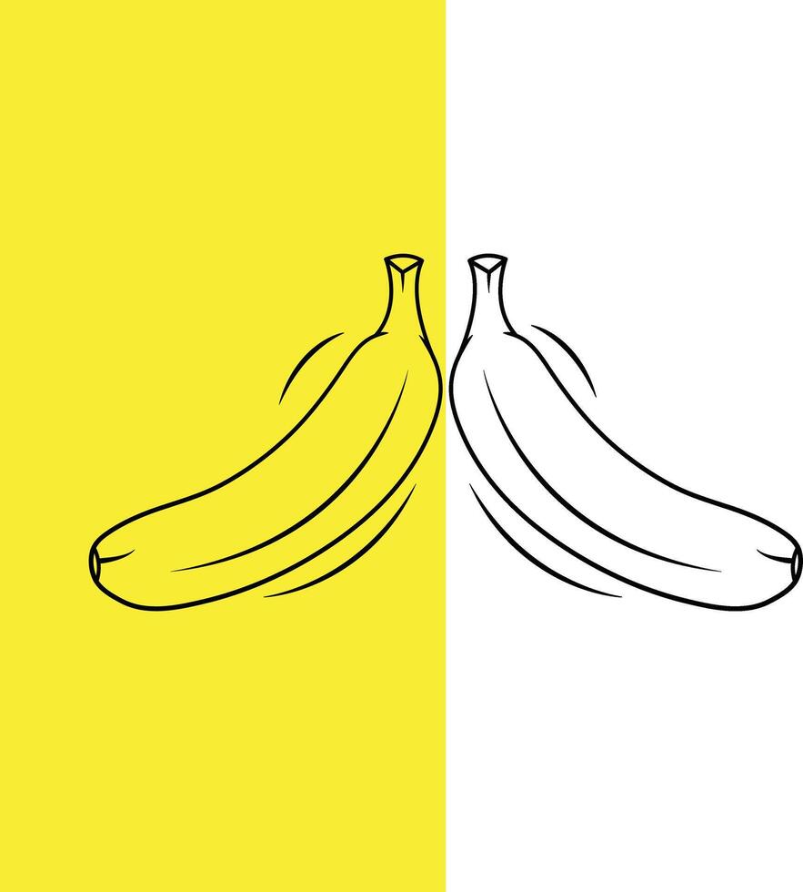 lijn kunst van bananen, twee geheel bananen Aan voor de helft geel en voor de helft wit achtergrond, vector illustratie