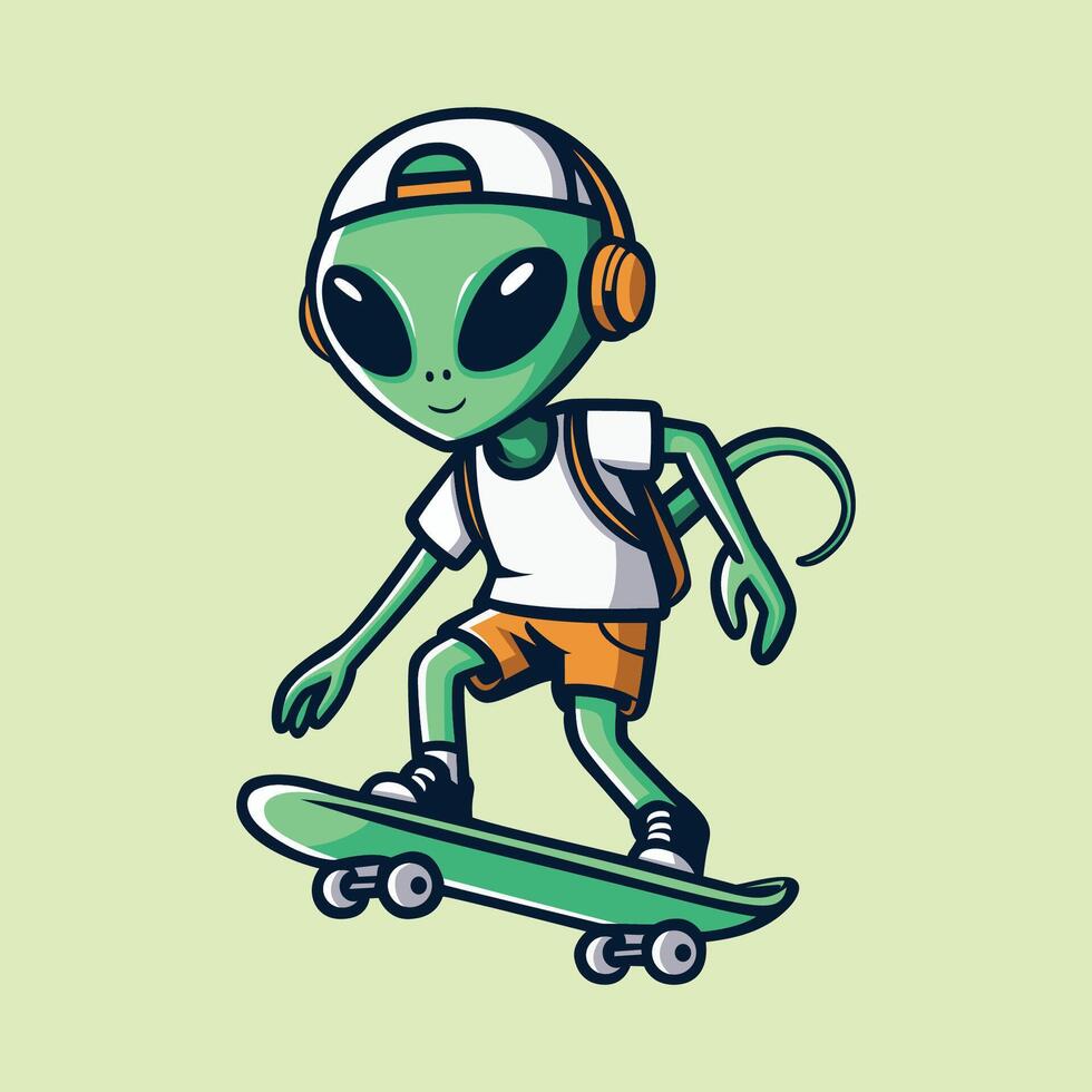 tekenfilm buitenaards wezen rijden een skateboard. geïsoleerd groen buitenaards wezen skateboarden, illustratie voor tee t overhemd vector