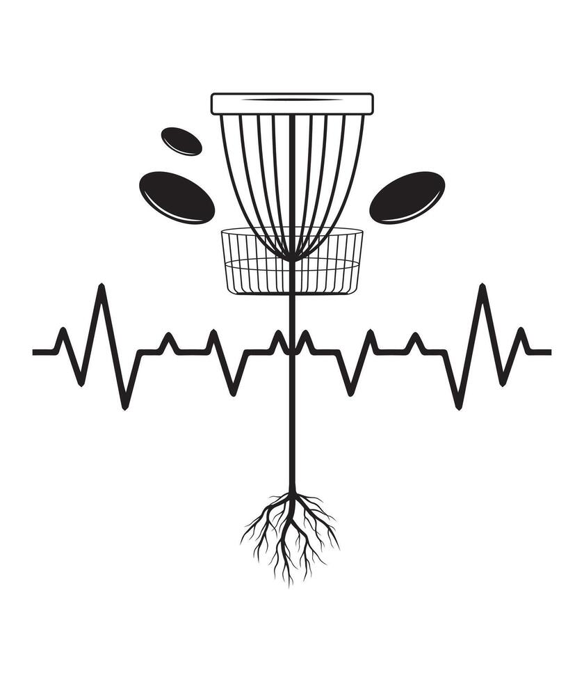 schijf golf mand met hartslag en wortels vector