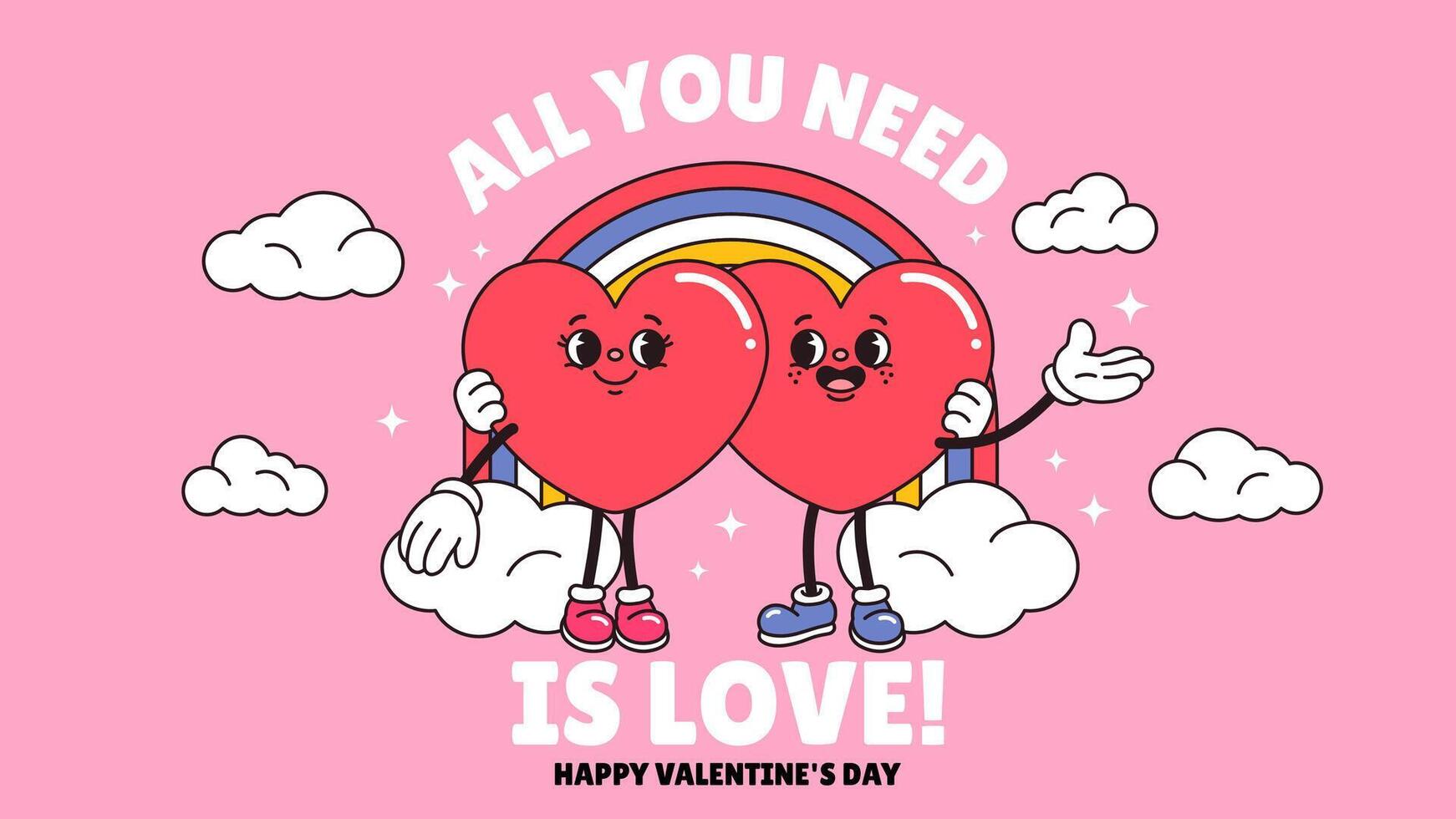 allemaal u nodig hebben is liefde, gelukkig Valentijnsdag dag typografie poster. hippie Jaren 60 jaren 70 retro stijl. y2k stijlvol. tekenfilm hart karakter paar omarmen banier, achtergrond. groovy sjabloon, groet kaart. vector