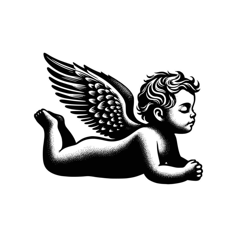 hand- getrokken baby engel vector illustratie. zwart en wit Cupido engel geïsoleerd wit achtergrond