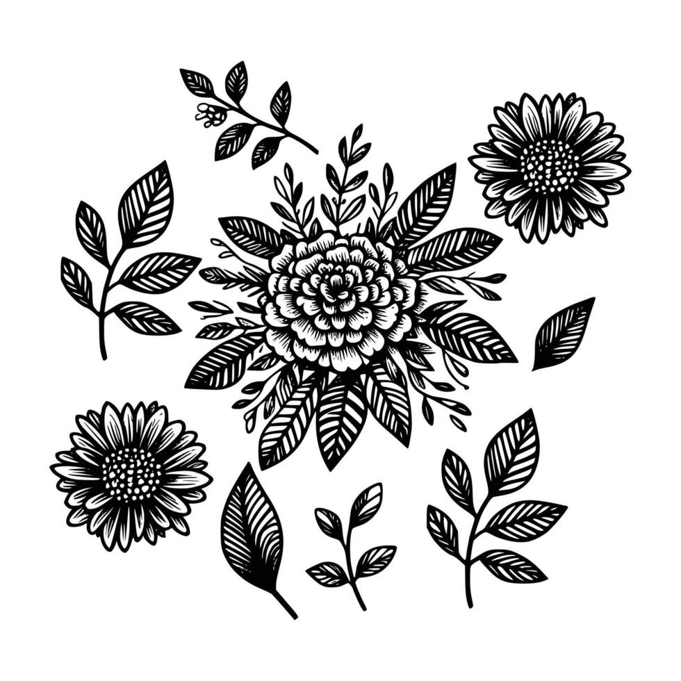 reeks van bloemen hand- getrokken stijl. bloem roos, pioen, bladeren voor decoratie. zwart en wit vector bloemen illustratie