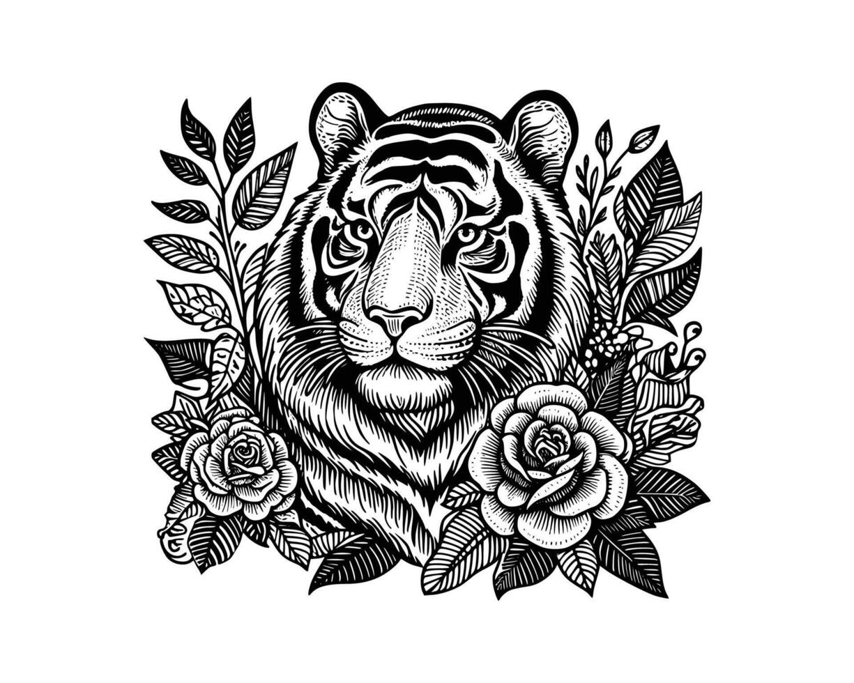 tijger hoofd illustratie. hand- getrokken tijger zwart en wit vector illustratie. geïsoleerd wit achtergrond