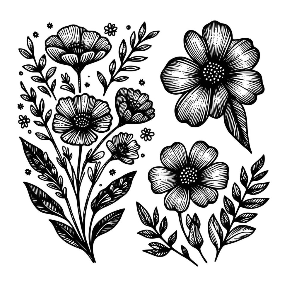 reeks van bloemen hand- getrokken stijl. bloem roos, pioen, bladeren voor decoratie. zwart en wit vector bloemen illustratie