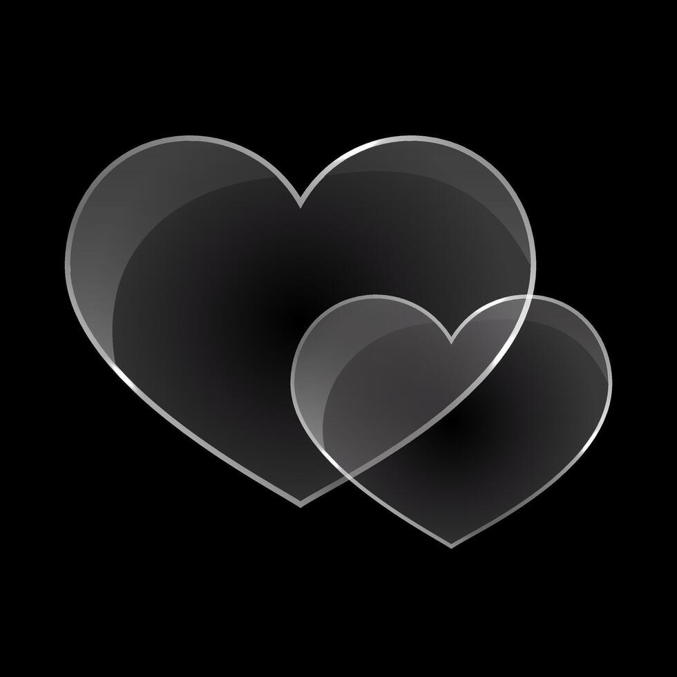 paar van glas harten vormen vector illustratie. liefde symbool transparant en glanzend. matte glas effect Aan donker achtergrond. grafisch element voor valentijnsdag dag ontwerpen