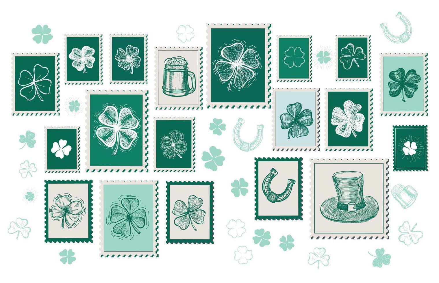 st. Patrick dag set, postzegels, mail, ansichtkaart, hand- getrokken illustraties vector