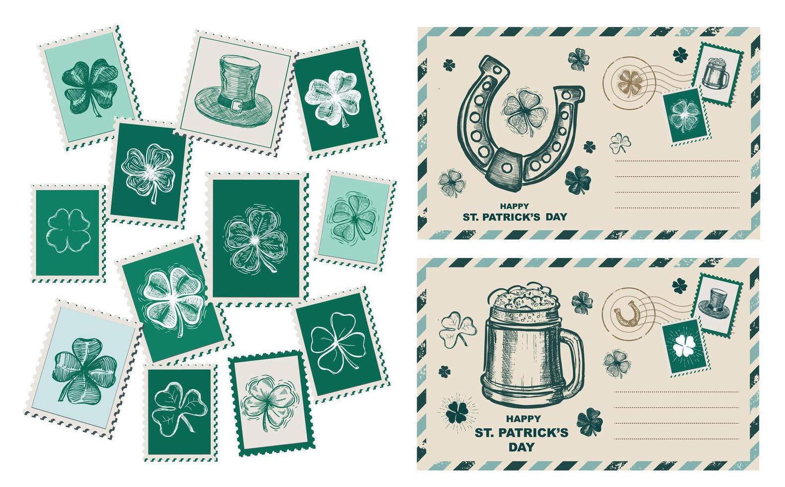 st. Patrick dag set, postzegels, mail, ansichtkaart, hand- getrokken illustraties vector