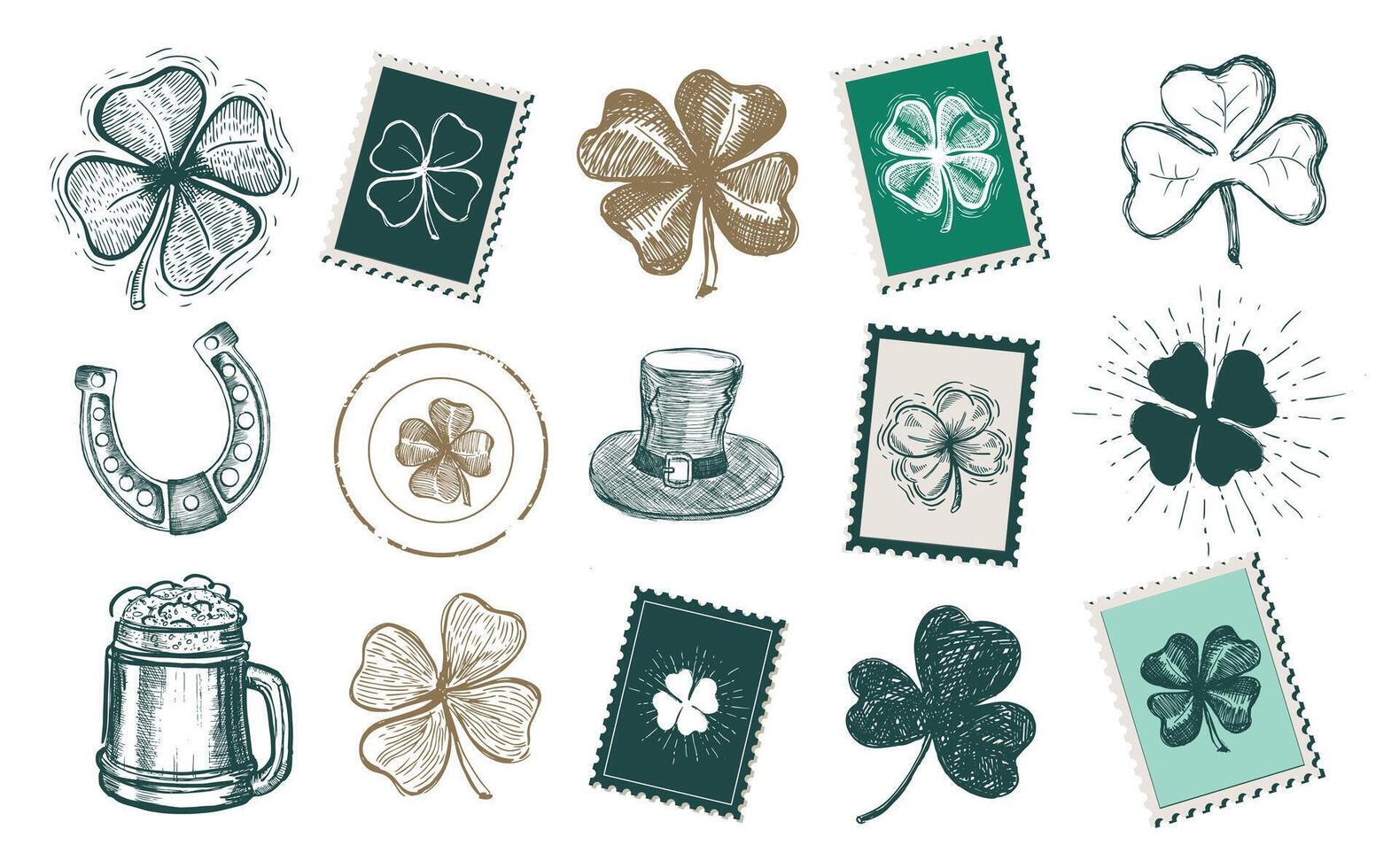 st. Patrick dag set, postzegels, mail, ansichtkaart, hand- getrokken illustraties vector