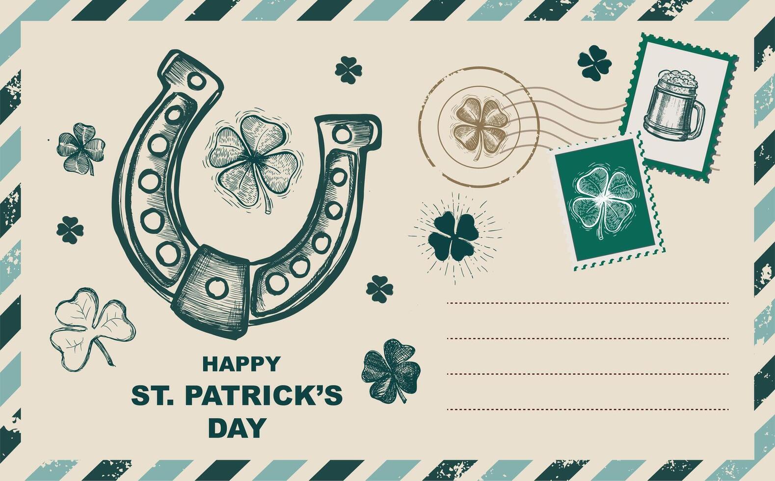 st. Patrick dag set, postzegels, mail, ansichtkaart, hand- getrokken illustraties vector