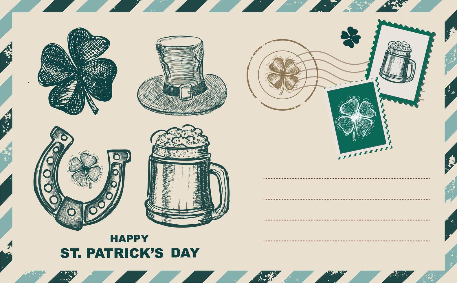 st. Patrick dag set, postzegels, mail, ansichtkaart, hand- getrokken illustraties vector