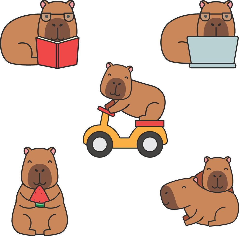 reeks van schattig tekenfilm capibara's. vector illustratie in een vlak stijl.