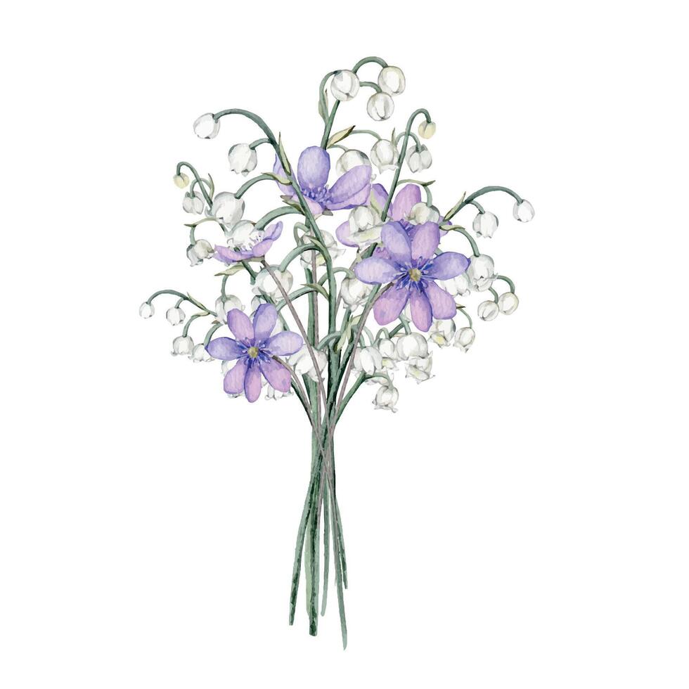 waterverf eerste voorjaar bloemen. hakhout en lelie van de vallei delicaat lila en wit bloemen. hand- getrokken illustratie geïsoleerd achtergrond. clip art botanisch schilderen. ontwerp voor ansichtkaart vector