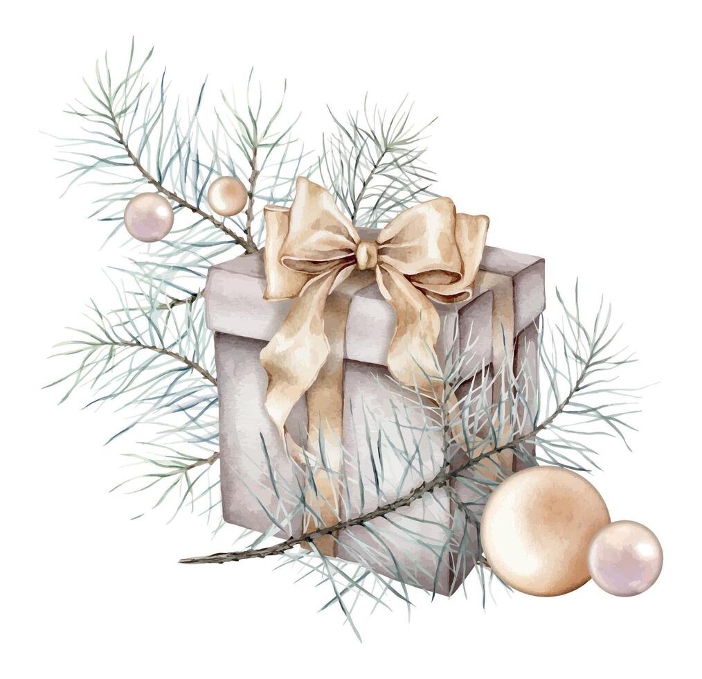 feestelijk waterverf samenstelling van geschenk doos met goud boog en pijnboom takken. nieuw jaar Kerstmis ballen en pijnboom kegels. ontwerp voor Kerstmis vakantie. waterverf hand- tekening illustratie geïsoleerd vector