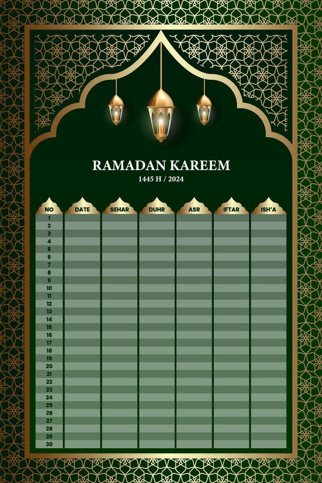 Ramadan heilig maand kalender schema. posters of banners voor gebed, vastend en breken de snel. vector