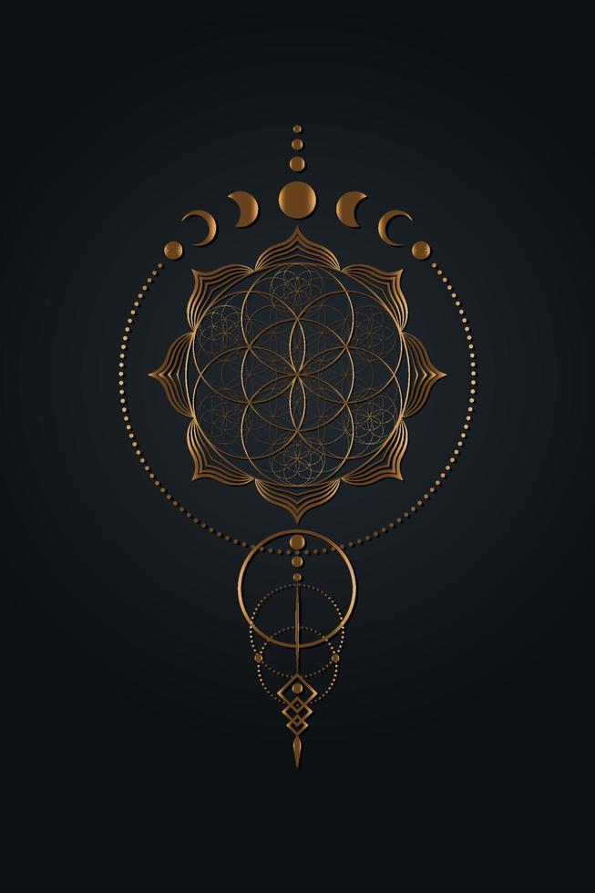 mystieke levensbloem en maanstanden, heilige geometrie. gouden zaad van het leven. heidense Wicca godin symbool, oude gouden wicca banner teken, energie cirkels, boho stijl vector geïsoleerd op zwarte achtergrond