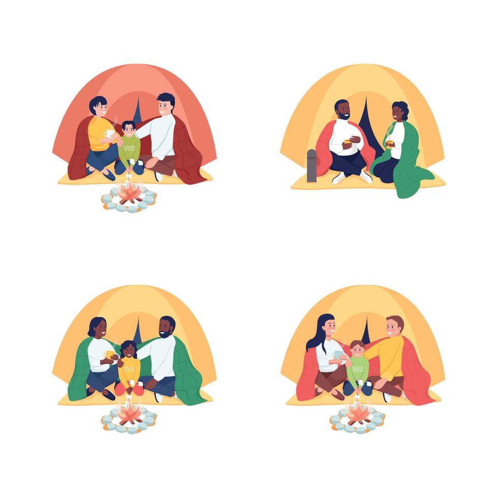 familie camping semi-egale kleur vector tekens set