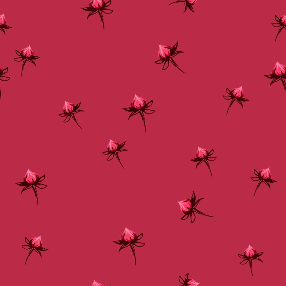 minimalistische naadloos patroon met roos bloemen knoppen. gemakkelijk abstract bloemen schilderij Aan een bordeaux achtergrond. vector hand- getrokken schetsen. ontwerp voor afdrukken, kleding stof, mode, textiel