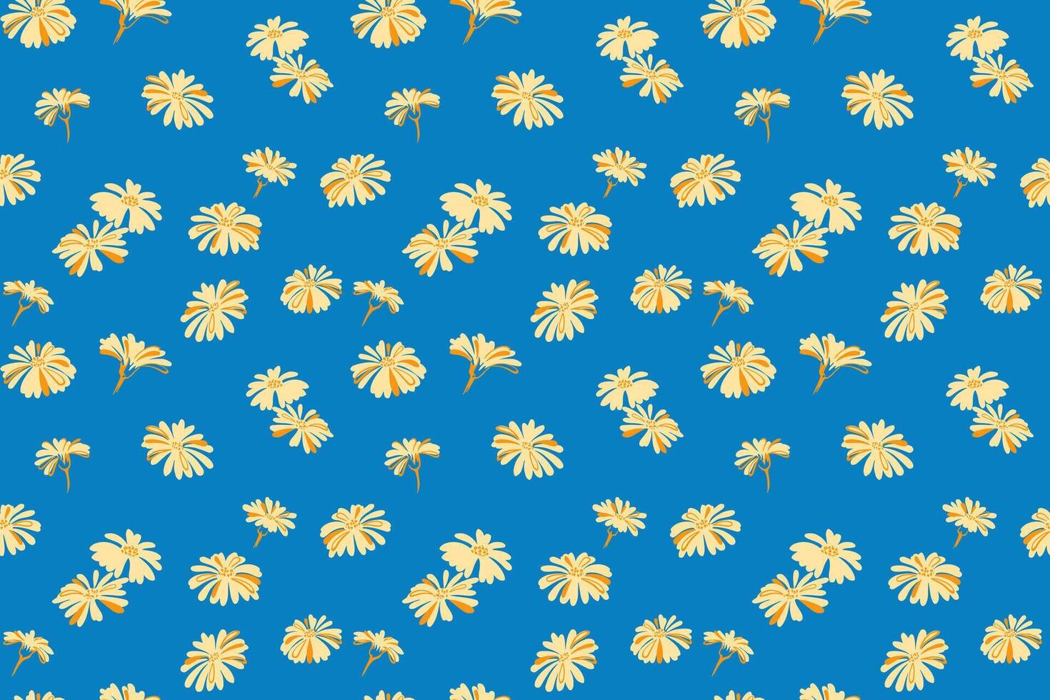 helder creatief gemakkelijk geel bloemen naadloos patroon Aan een blauw achtergrond. vector hand- getrokken tekening. modieus zomer bloemen afdrukken. sjabloon voor ontwerp, ornament, mode, textiel, kleding stof