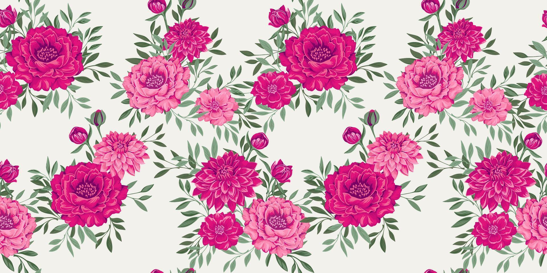 mooi wijnoogst artistiek abstract roze bloemen met voorzichtig klein groen takken bladeren naadloos patroon. gestileerde bloemen pioenen dahlia's en bloemknoppen het drukken Aan een licht achtergrond. ontwerp voor mode vector