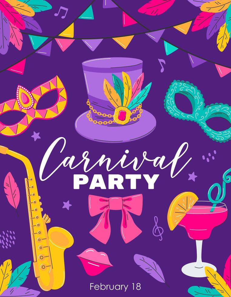 carnaval partij poster. kaart, uitnodiging sjabloon voor maskerade partij, mardi gras, braziliaans carnaval, Venetië festival. versierd gelaats masker, cocktail, vlaggen, hoed met veren. vector illustratie