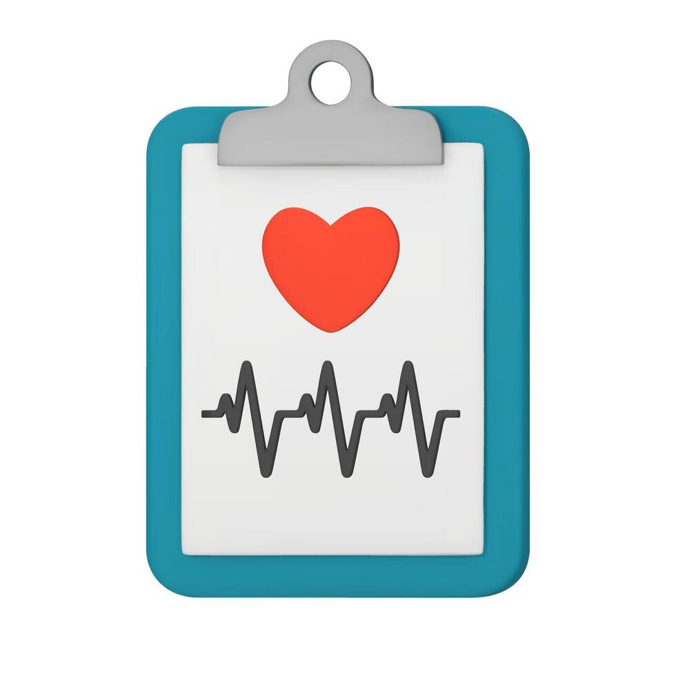 3d medisch document met hart en cardiogram. hart diagnostisch, elektrocardiografie onderhoud, ecg procedure. gezondheidszorg, medisch icoon. 3d vector illustratie geïsoleerd Aan wit achtergrond.