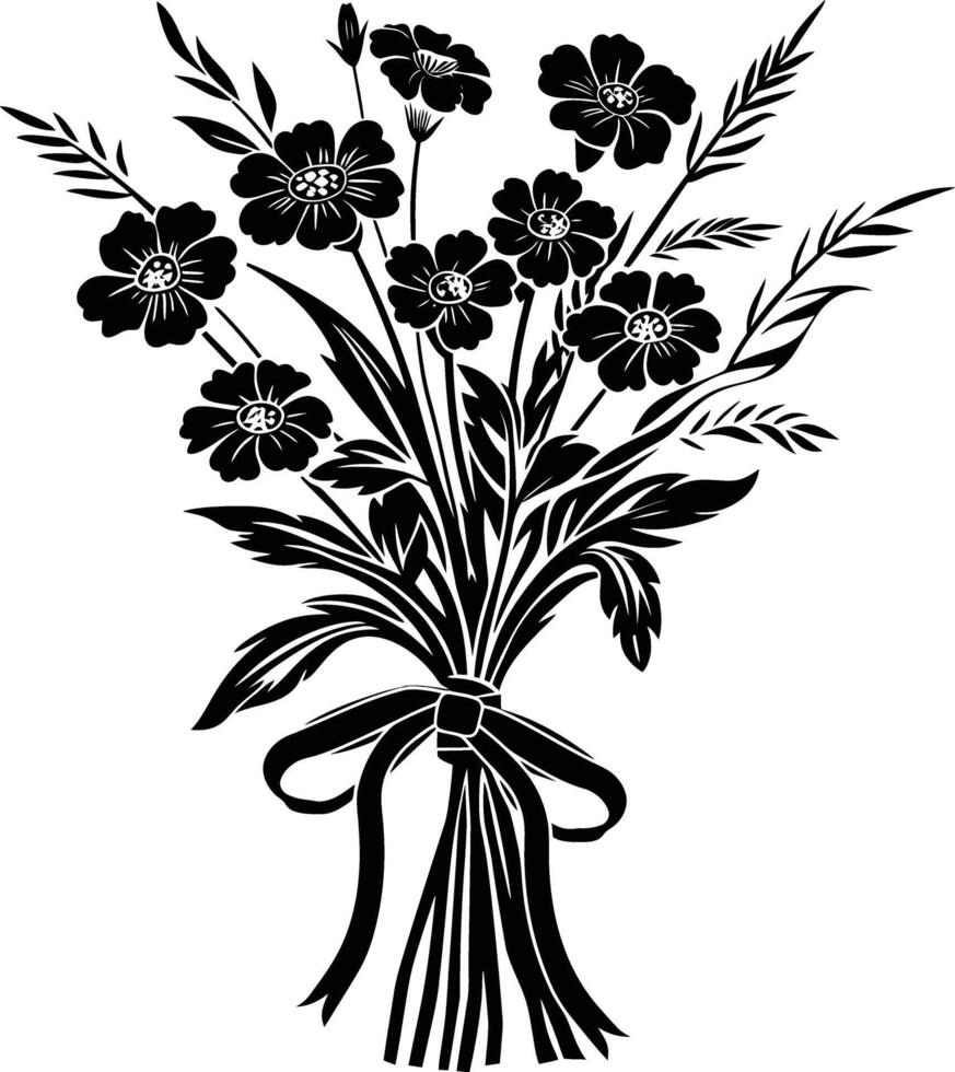 ai gegenereerd silhouet voorjaar bloem boeket gebonden met lint zwart kleur enkel en alleen vector