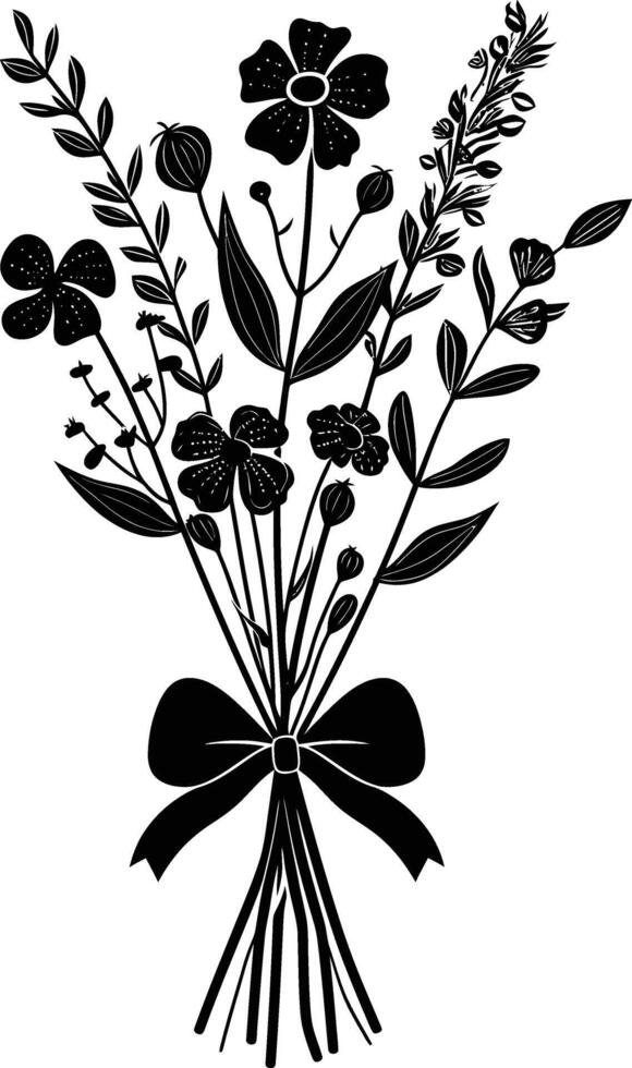 ai gegenereerd silhouet voorjaar bloem boeket gebonden met lint zwart kleur enkel en alleen vector