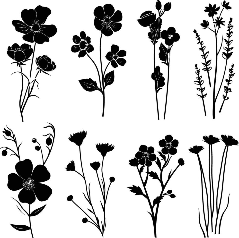 ai gegenereerd silhouet voorjaar bloem verzameling zwart kleur enkel en alleen vector