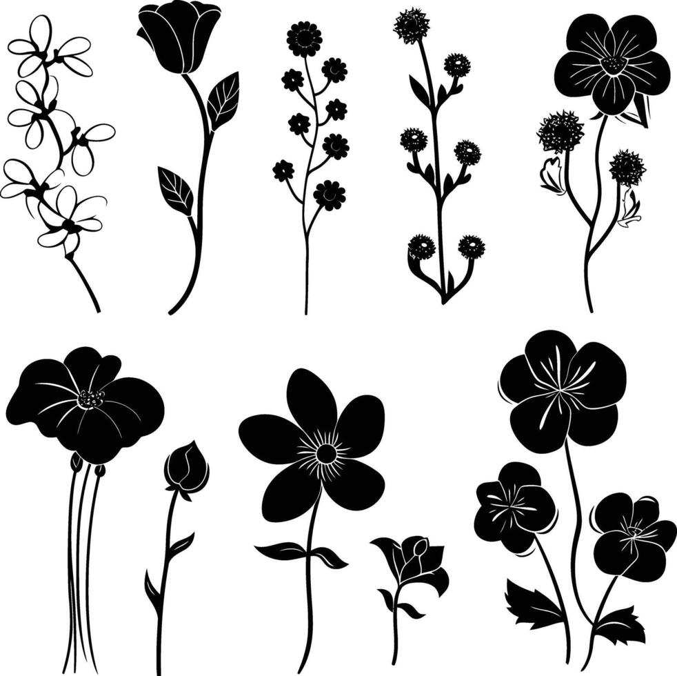 ai gegenereerd silhouet voorjaar bloem verzameling zwart kleur enkel en alleen vector